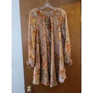 Haute Hippie 60s 70s Paisley Lace Up Neck Golden Yellow Flowy Dress NWT M